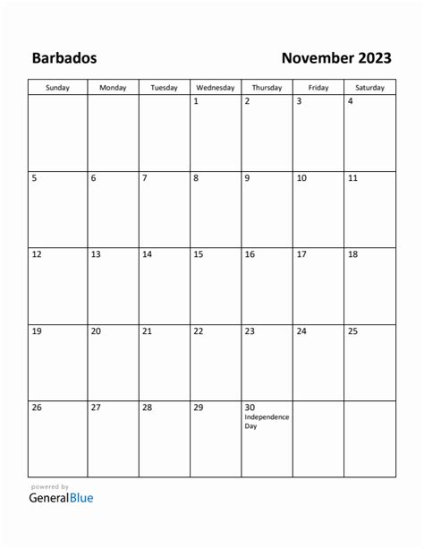 November 2023 Monthly Calendar With Barbados Holidays