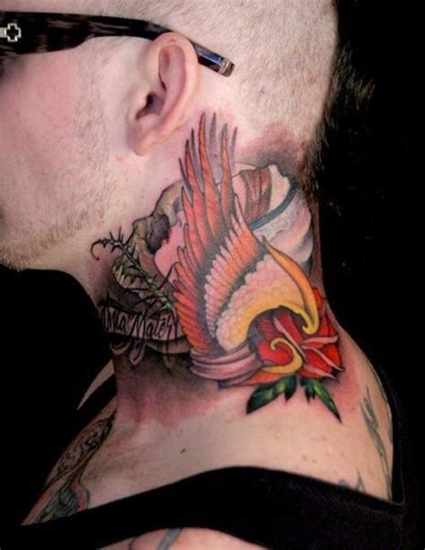 Mens Neck Tattoo With Wing And Rose Neck Tattoos For