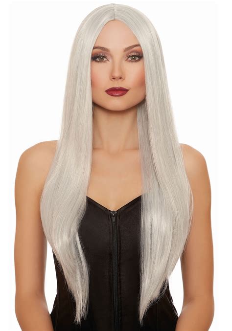 long straight gray white mix wig for women