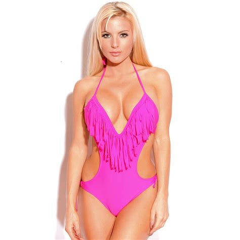 Shop Women S Pink Fringe Plunge V Neck Monokini With Removable Soft Cups Free Shipping Today