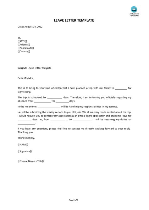 Leave Letter Template Templates At