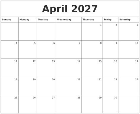 April 2027 Monthly Calendar