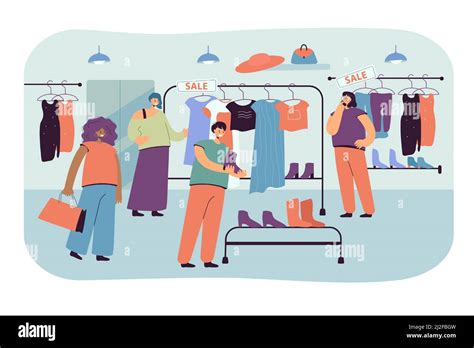 Happy Women Choosing Clothes In Store Flat Vector Illustration Cartoon