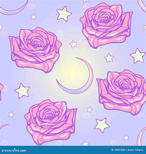 Pastel Goth Moon And Roses Seamless Pattern Stock Vector Illustration