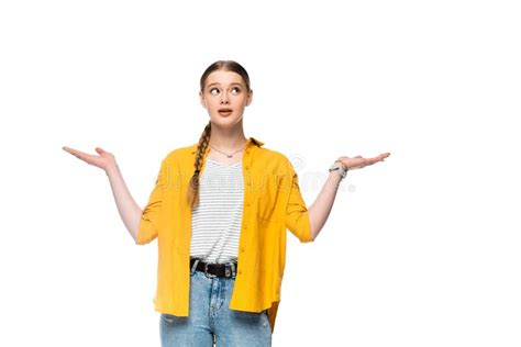 Confused Attractive Girl With Braid Showing Shrug Gesture Stock Photo Image Of Pretty Dubium
