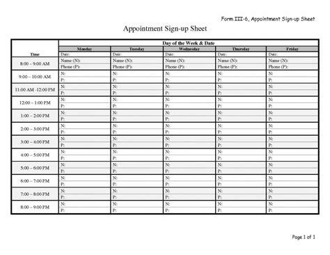 Appointment Sheet Template Spreadsheet Examples Printable Throughout