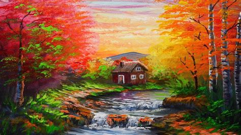Acrylic Landscape Painting Tutorial Autumn Forest With River And House