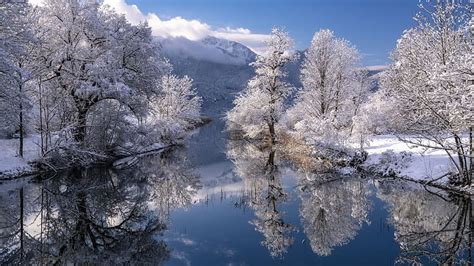 The River Loisach Bavarian Alps Winter Snow Clouds Trees Germany