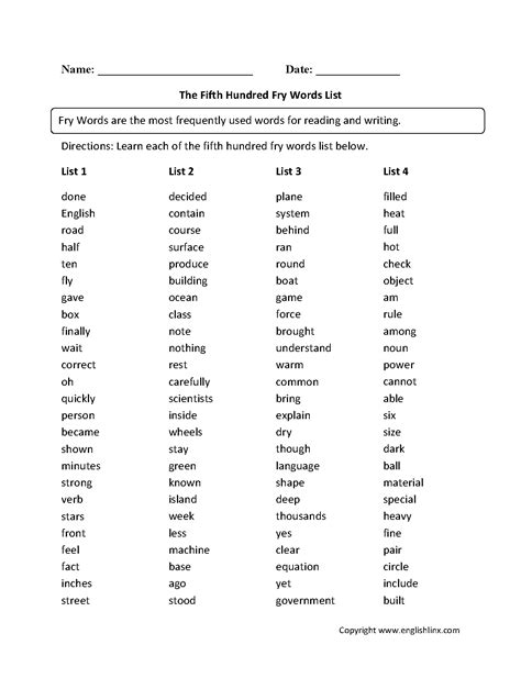 Fry Words Worksheets Fifth Hundred Fry Words List Worksheets
