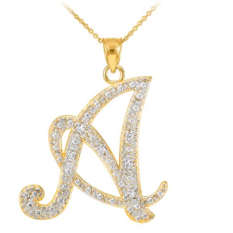 14k Gold Cursive A Initial Diamond Pendant Necklace