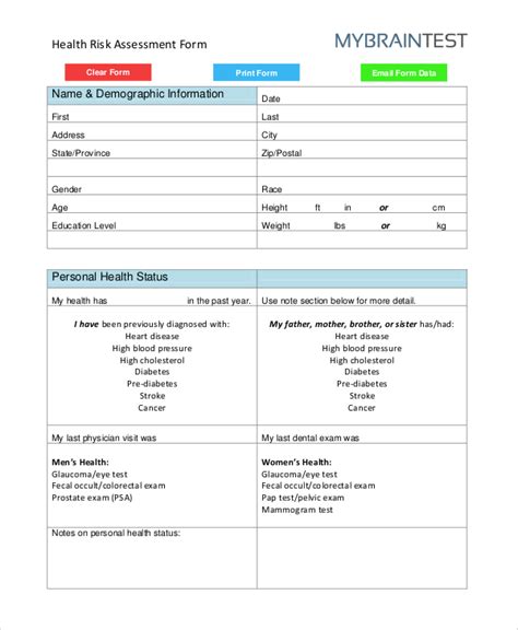 Free Health Risk Assessments In Pdf Ms Word