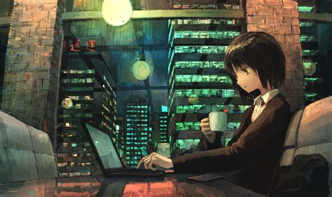 Wallpaper Anime Girls Computer Skyscraper Night Urban Reflection Cafes Japan Laptop