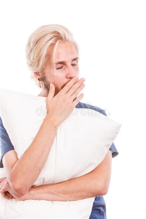 Sleepy Young Man Holding White Pillow Stock Photo Image Of Exhausted