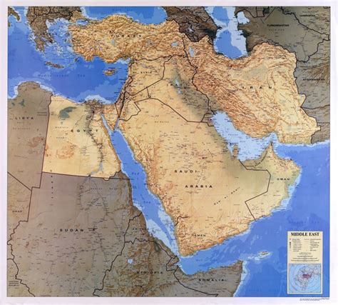 Large Scale Detailed Map Of The Middle East With Relief Roads