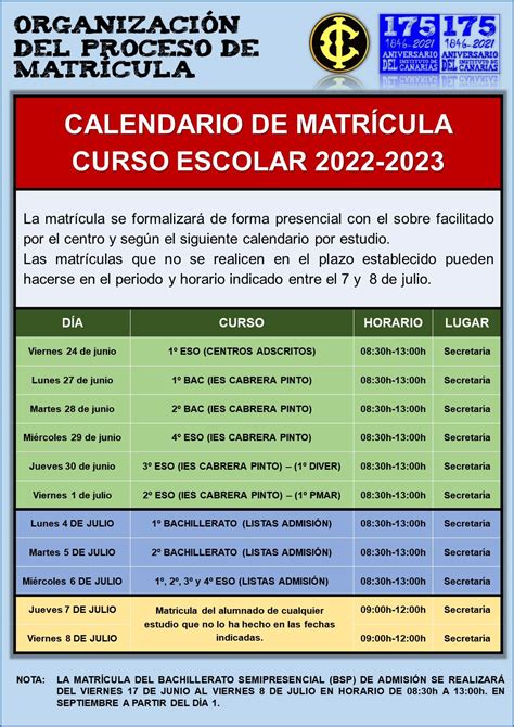 Calendario De MatrÍcula 20222023 Ies Canarias Cabrera Pinto