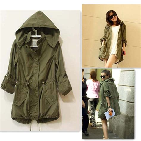 Womens Lady Hoodie Drawstring Military Trench Jacket Coat Parka Army