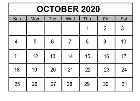 October 2020 Calendar Template Monthly Excel Wishes Images