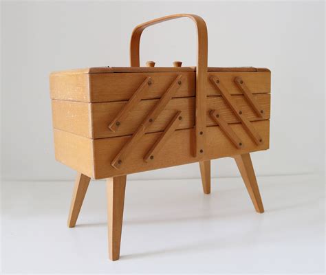 1970s Wooden Cantilever Sewing Box Jewellery Make Up Storage On Legs