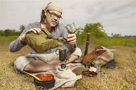 Man On Trip Relaxing And Taking Break In Nature Stock Photo Image Of