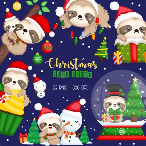 Christmas Sloth Clipart Christmas Animal Clipart Cute Etsy