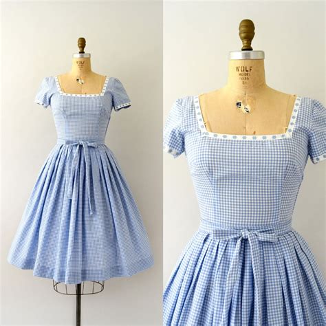 Sold Sold Vintage 1950s Dress Light Blue Gingham Cotton With Daisy