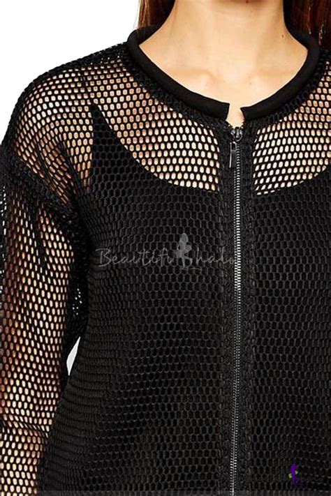 Plain Round Neck Zip Fly Sheer Mesh Jacket With Long Sleeve