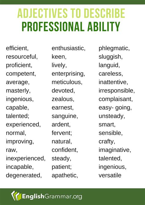 Adjectives To Describe Professional Ability Writing Words English
