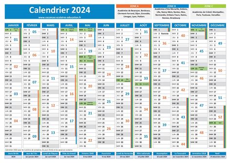 Calendrier 2024 Avec Vacances Scolaires Et Jours Fériés à Imprimer