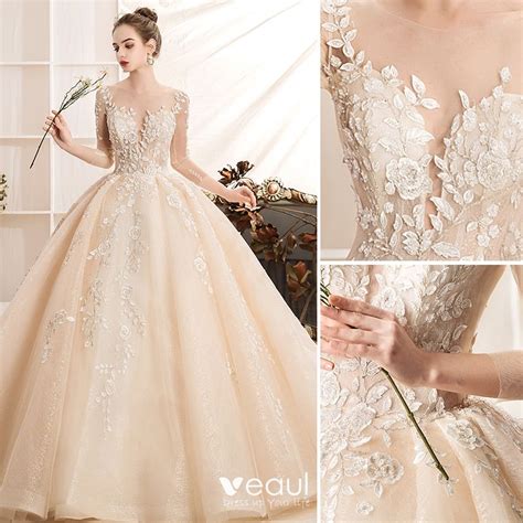 Luxury Gorgeous Champagne Wedding Dresses 2019 Ball Gown Scoop Neck