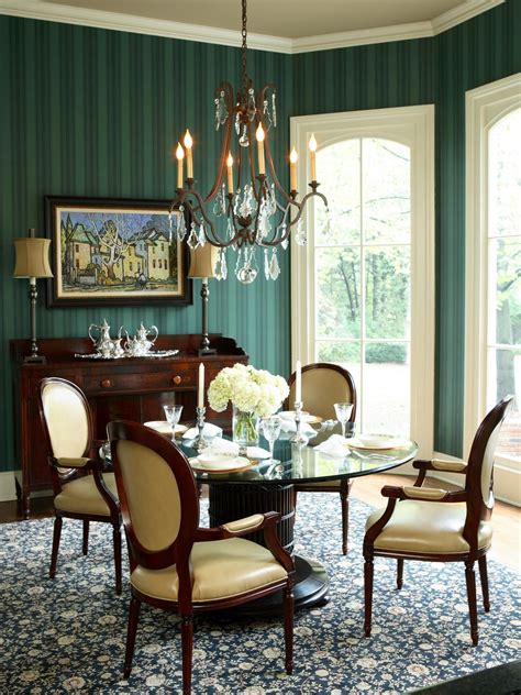 Emerald Green Dining Room With Striped Wallpaper | Green dining room