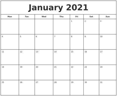 Create your own monthly calendar with holidays and events. January 2021 Print Free Calendar