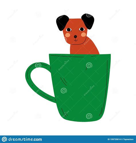 Cute Dog In Green Teacup Adorable Puppy Animal Sitting In Coffee Mug