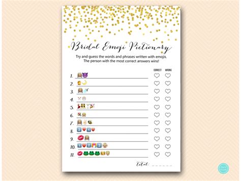 Try to figure out which popular romantic comedy each line of emojis represents but be warned, they can be a bit tricky! Gold Confetti Bridal Shower Game Mega Pack - Magical Printable