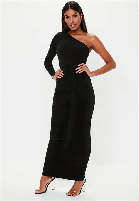 Black One Shoulder Slinky Bodycon Ruched Midaxi Dress Missguided