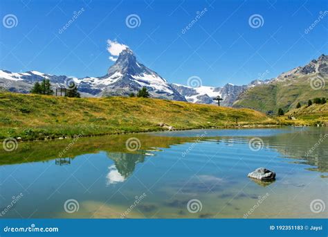 Beautiful Swiss Alps Landscape With Stellisee Lake And Matterhorn