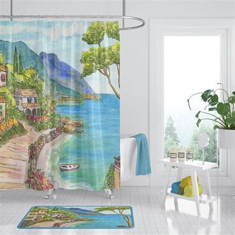 Seaside Town Shower Curtain Mediterranean Scene Fabric Village