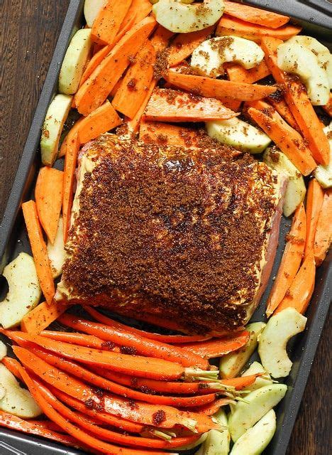 Roast to reduce to roasting time, you can cut the vegetables and the pork into smaller pieces. Brown Sugar Dijon Glazed Pork Loin with Carrots and Sweet ...