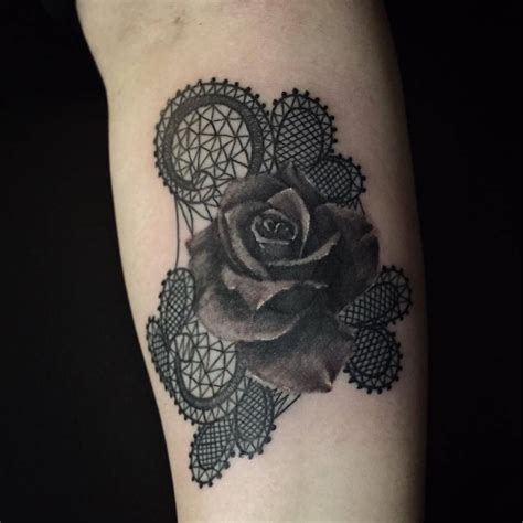 Lace Black Rose Tattoo On The Right Inner Forearm