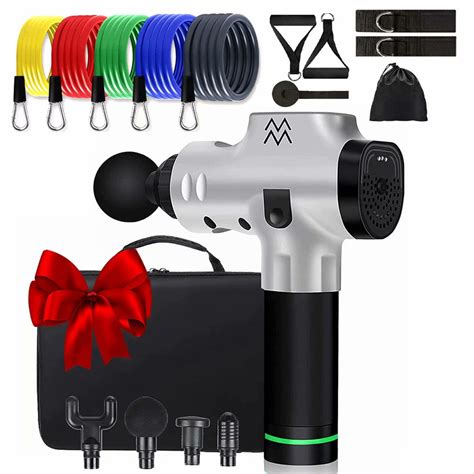 Upgraded Massage Gun 4 Heads 3 Modes Of 30 Speeds Kit With Set Of 11 Pcs Resistance Bands
