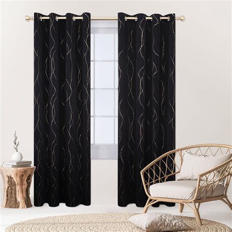 Deconovo Set Of 2 Blackout Curtains With Gold Foil Printed Wave Line