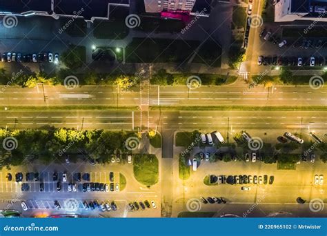 Night Cityscape With Street And Parking Lot Aerial Top View Stock