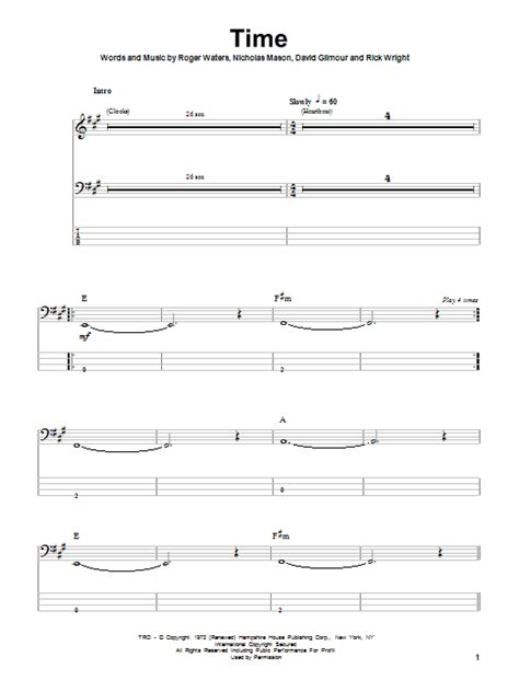 Time Sheet Music Pink Floyd Bass Guitar Tab