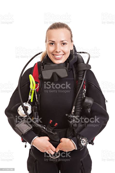 Attractive Blonde Female Underwater Swimmer Wearing Black Wetsui Stock