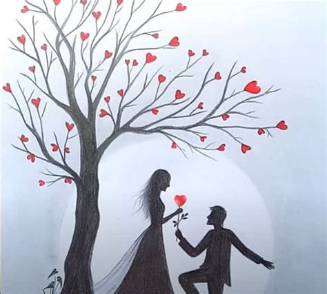 How To Draw Romantic Couple Under Love Tree Pencil Sketch How To