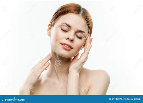 Woman Holding Glamor Face Attractive Look Naked Shoulders Closed Eyes