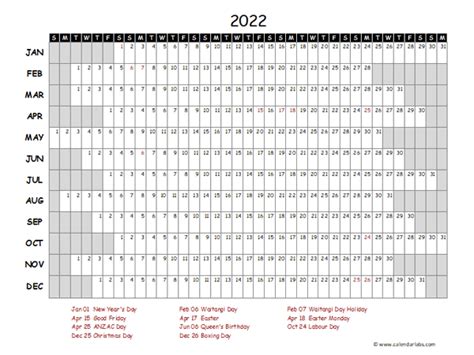 2022 Yearly Project Timeline Calendar New Zealand Free Printable