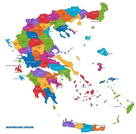 Mapa de grecia ilustra los países limítrofes con las fronteras internacionales, 13 regiones fronterizas con sus capitales y el capital nacional. ⊛ Mapa de Grecia ·🥇 Político & Físico Para Imprimir