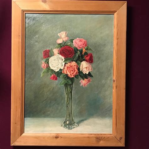 1930s Signed Oil On Canvas Of Vase Of Roses Paintings And Prints