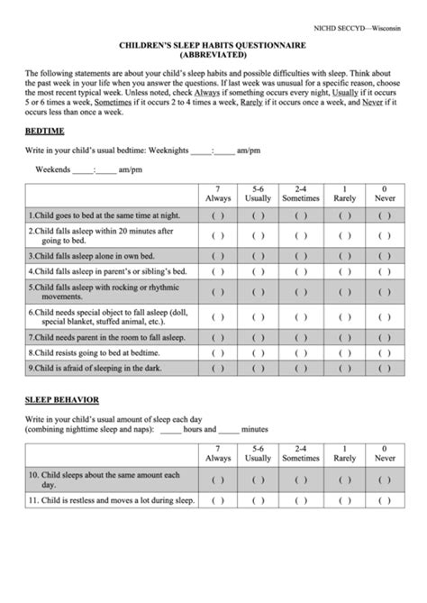 childrens sleep habits questionnaire printable