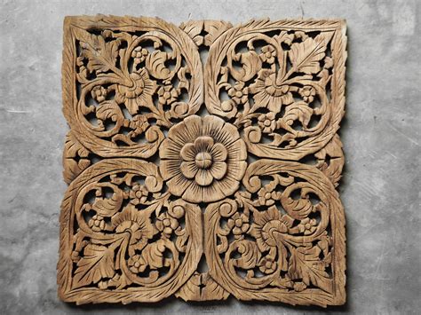 Thai Oriental Lotus Carved Wood Wall Art Decor
